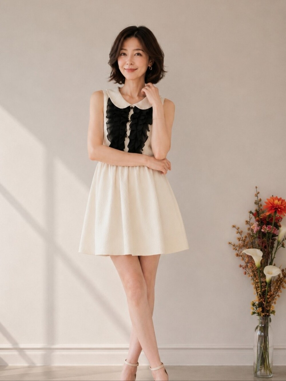 Kensie | Cream Fit & Flare Dress Black Frill Peter Pan Collar Sleeveless Mini - Picture 4 of 11